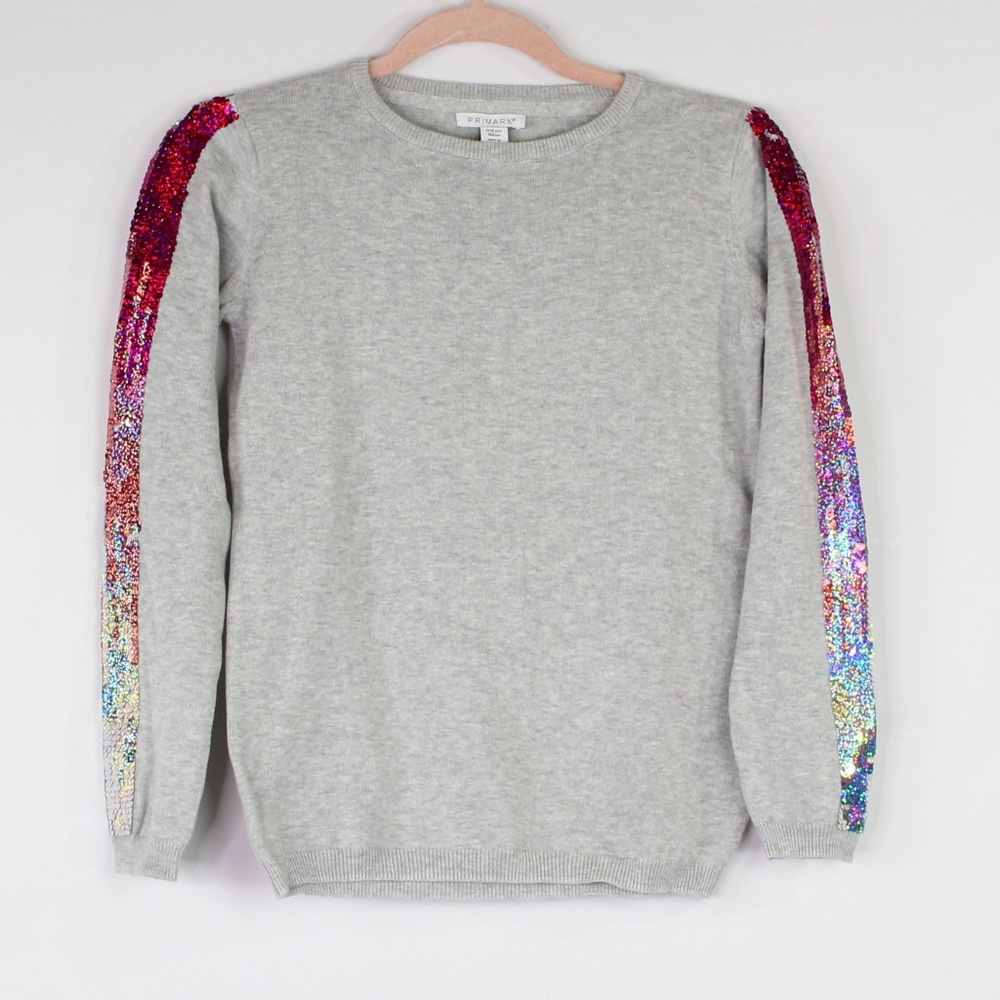 Primark Girls' Sparkly Ombre Reversible Sequin Stripe Heather Grey Knit Sweater